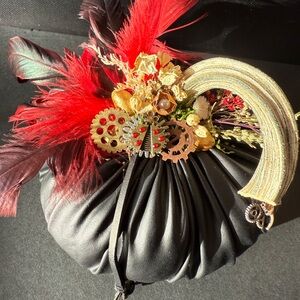 Steampunk Faux Leather Black & Red Pumpkin. Ladybug, gears, feathers,real stem.